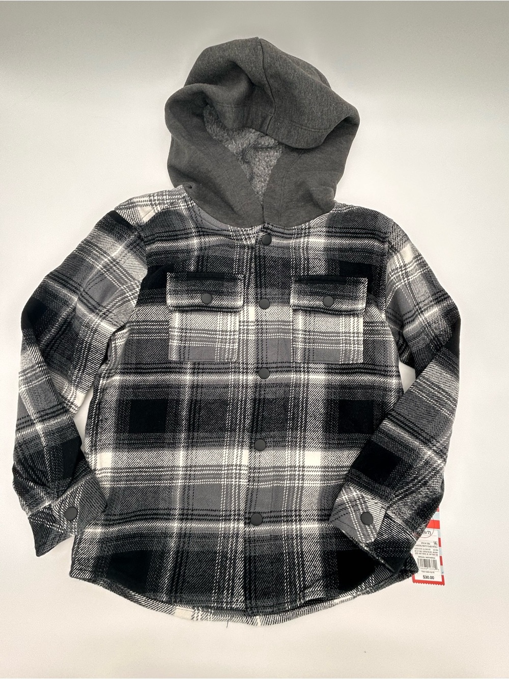 Target Kids Black & Gray Plaid Hooded Button-Down Shirt Size Small (6/7)
